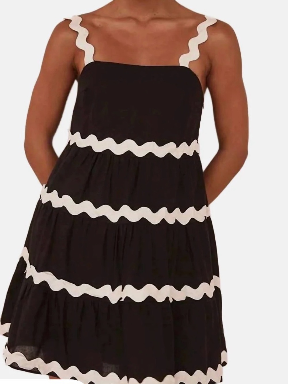 Black Mini Dress with Cream Ric Rac Straps and Trim